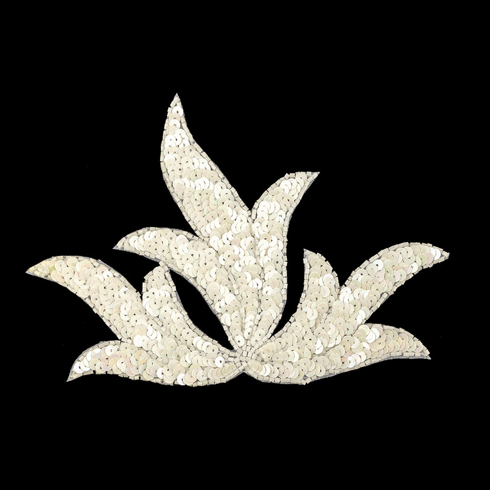 Vintage White Iris Beaded and Sequins Leaf Motif Applique - 5.125