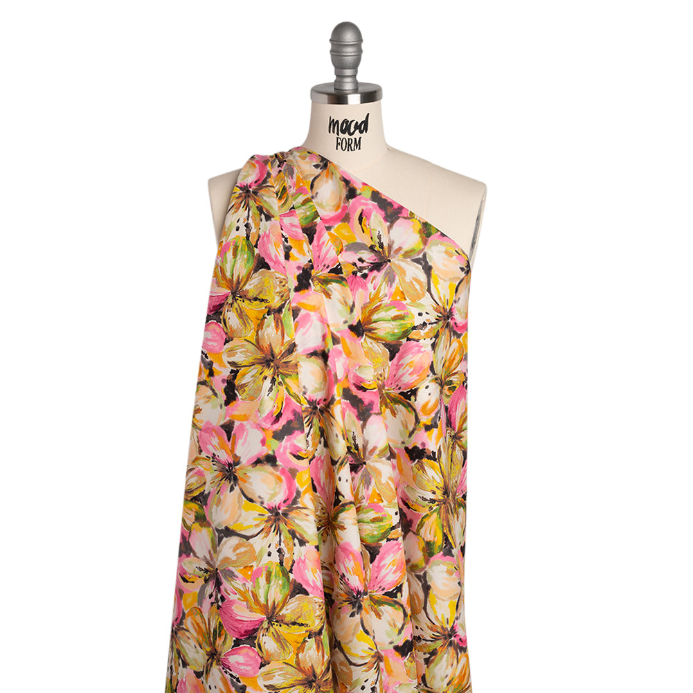Peached Polyester Twill - Pink, Yellow and Black Watercolor Hibiscus - Mood Exclusive Hibiscus Haze Print - Joann Fabrics