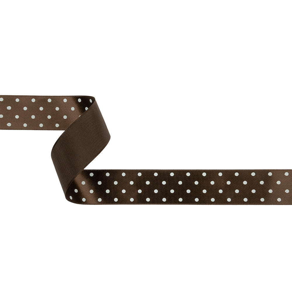 Brown and White Polka Dot Satin Ribbon - 1