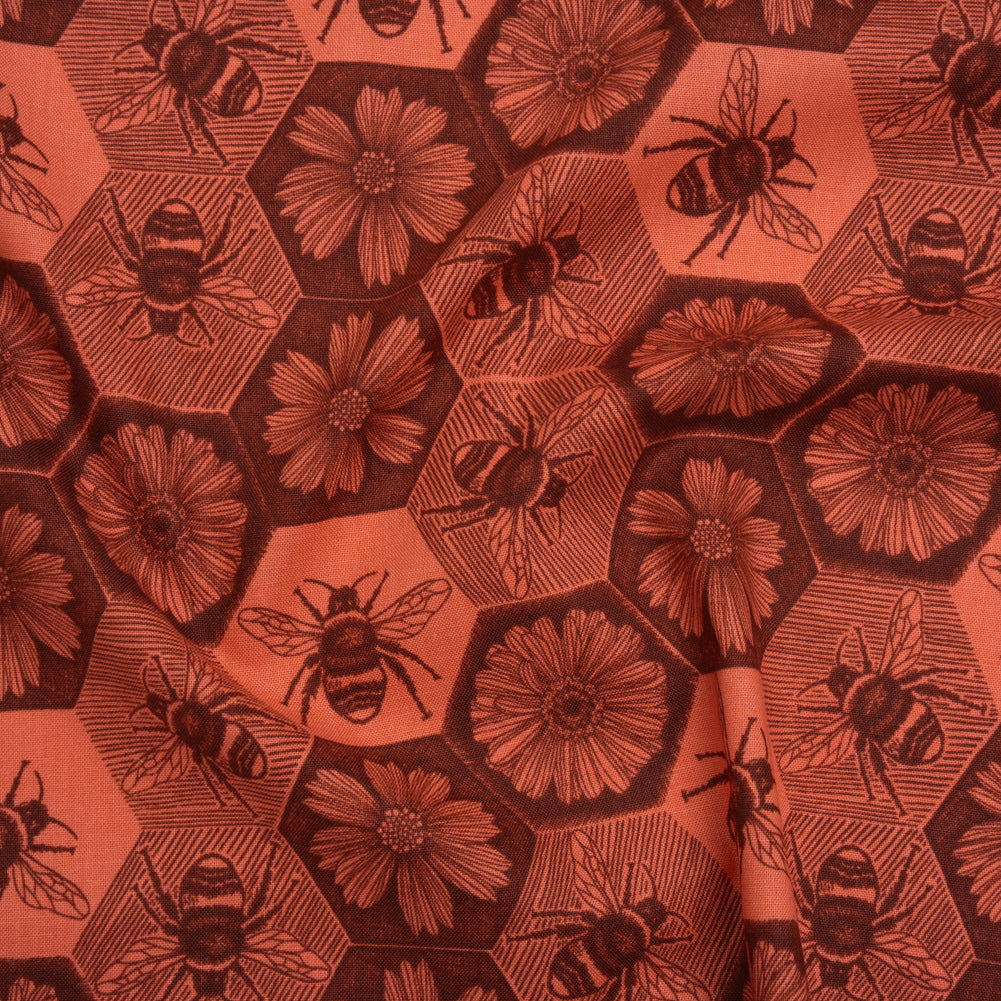 Printed Quilting Cotton by Anna Maria Textiles for Northcott - Coral Busy Bees and Floral Honeycomb - Indelible Ink Collection - Joann Fabrics