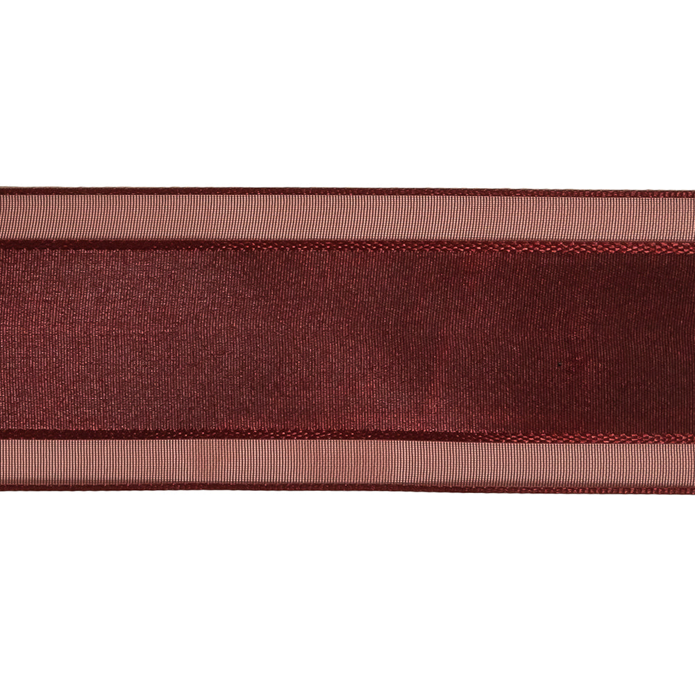 Wine Woven Ribbon with Sheer Organza Borders - 1.5
