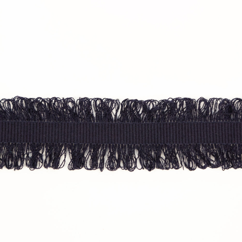 Italian Navy Wool Grosgrain Trim with Loop Fringe Edges - 1.5