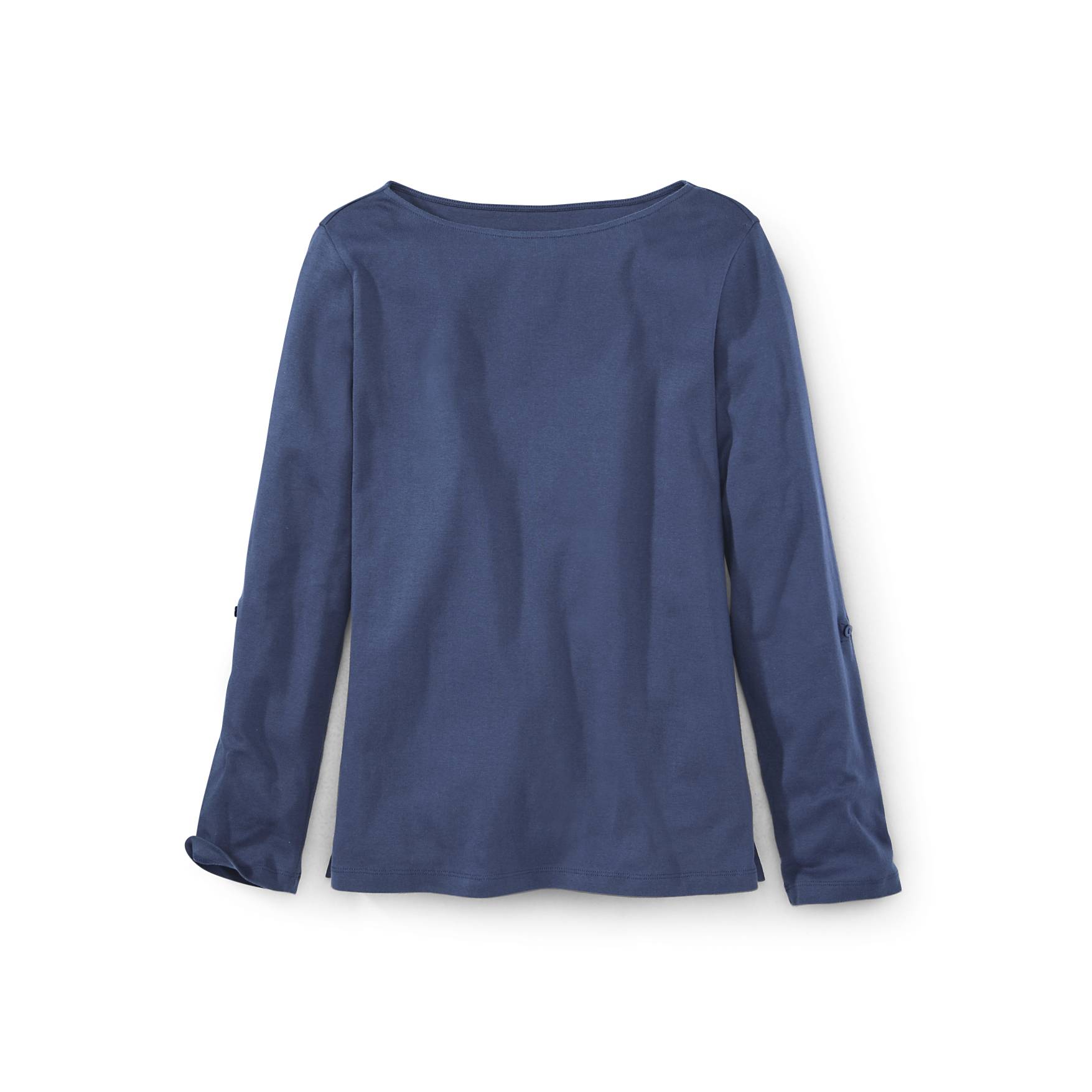 Bateau-Neck Cotton Button-Tab Top, Long Roll-Tab Sleeves, Side Slits - Northstyle Catalog