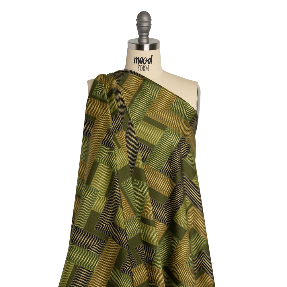 Stretch Cotton Sateen - Olive and Hunter Green Geometric Lines - Hedge Maze Print - Mood Exclusive Acadia Collection - Joann Fabrics
