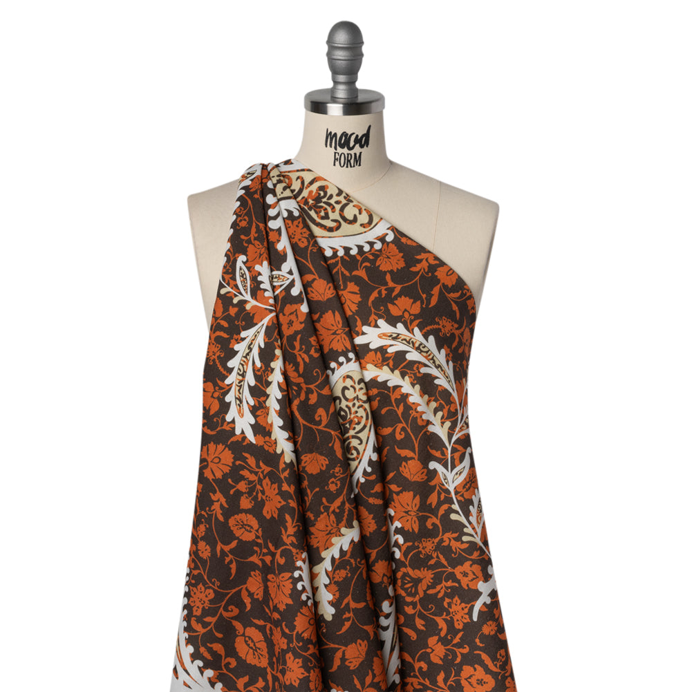 Linen and Rayon Woven - Dark Brown, Pumpkin Orange and White Paisley and Floral Vines - Mood Exclusive Blooming Boogie Print - Joann Fabrics