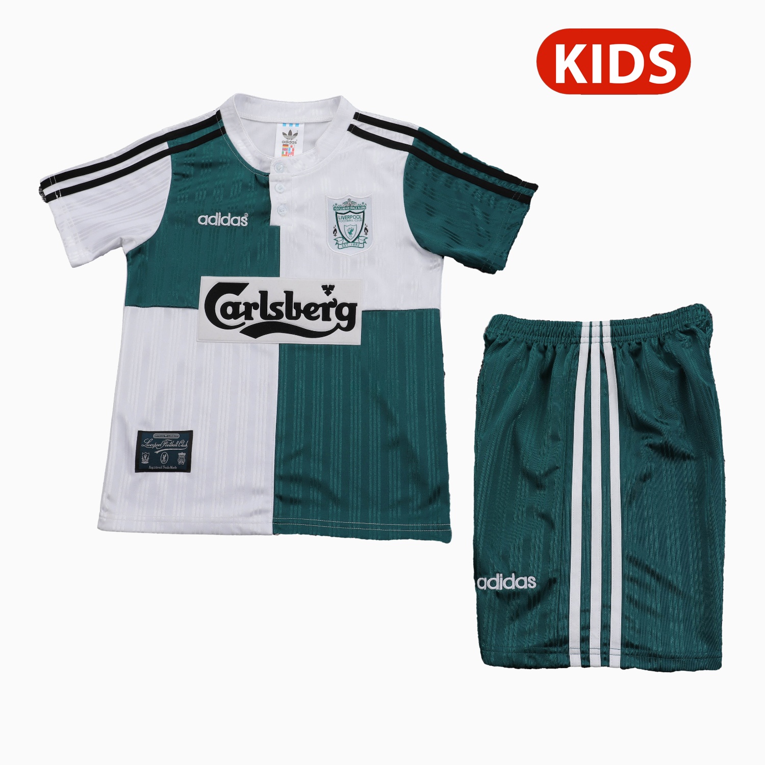 Retro Liver.pool 1995-96 Away White And Green Kids Kit - UnitedFutballJersey