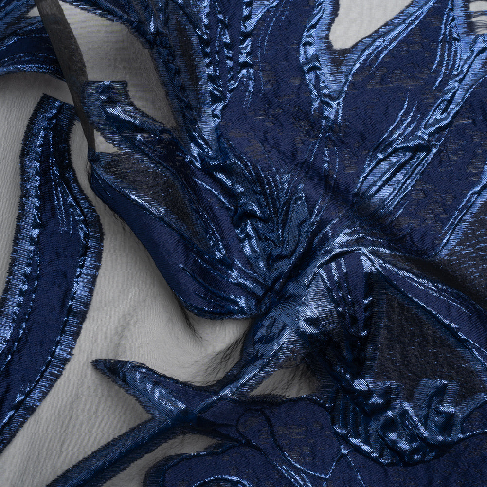 Metallic Navy and Black Twirling Tulips Luxury Burnout Brocade - Joann Fabrics