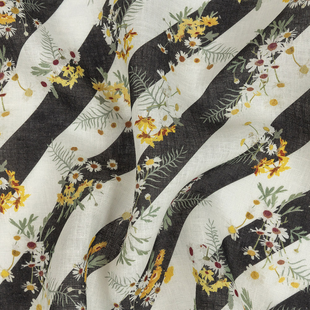 Floating Daisies over Black and White Regimental Stripes Printed Linen Woven - Joann Fabrics