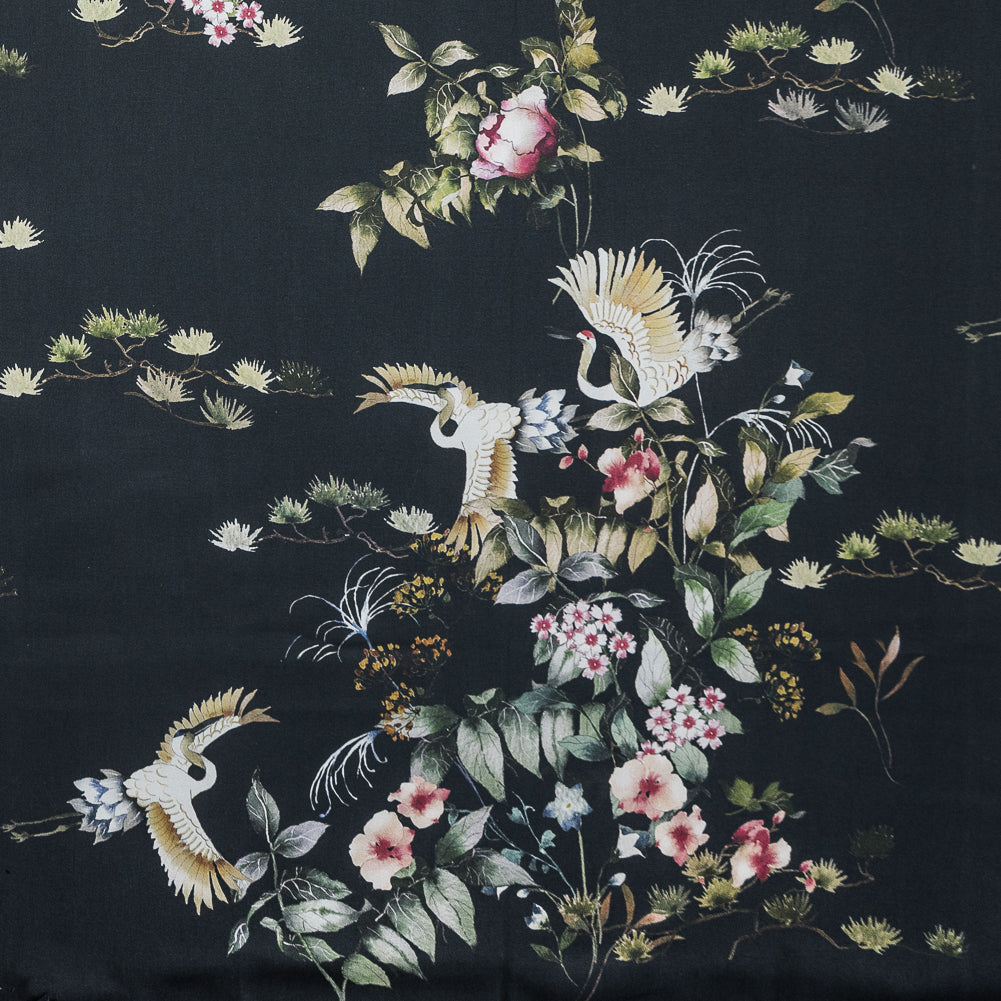 Stretch Cotton Sateen - Black and Green Birds and Flowers - La Grande Tournee Print - Mood Exclusive Jacques Collection - Joann Fabrics
