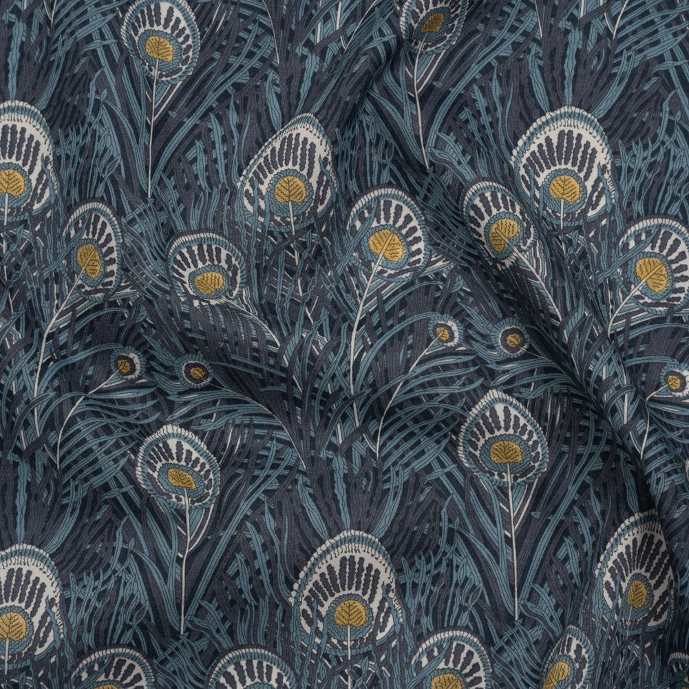 Liberty Fabrics Tana Lawn® - Queen Hera Dark Blue - Midnight, Sky Blue and Golden Yellow Field of Feathers - Joann Fabrics
