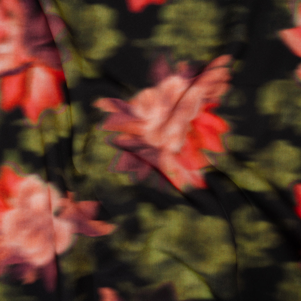 Polyester Crepe-Back Satin - Red, Pink and Green Blurred Florals - Mood Exclusive Blurring Blossoms Print - Joann Fabrics