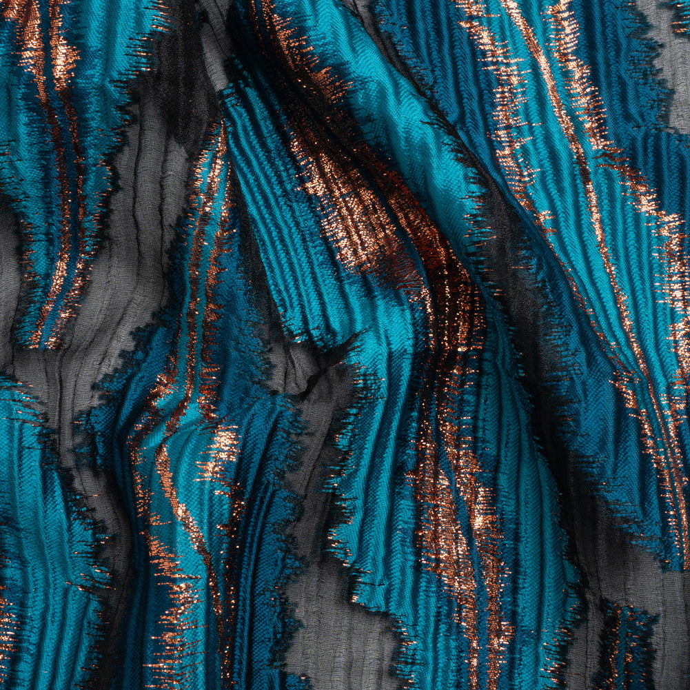 Metallic Copper, Teal and Black Abstract Islands Ribbed Burnout Luxury Brocade - Joann Fabrics