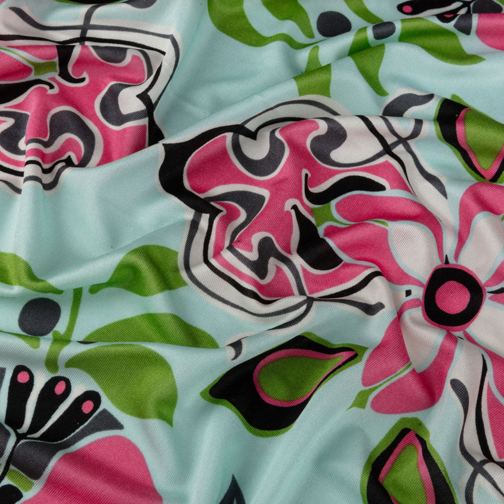 Aqua, Pink and Green Floral Flow Border Print Silk Jersey - Joann Fabrics