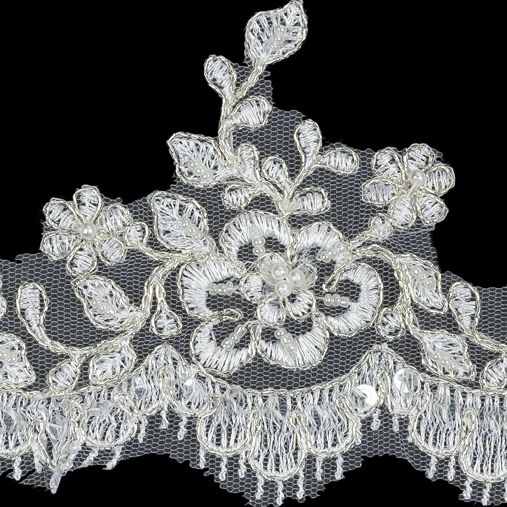 White and Metallic Silver Floral and Fringed Scallops Corded Bridal Lace Trim with Faux Pearl Beads - 3.5