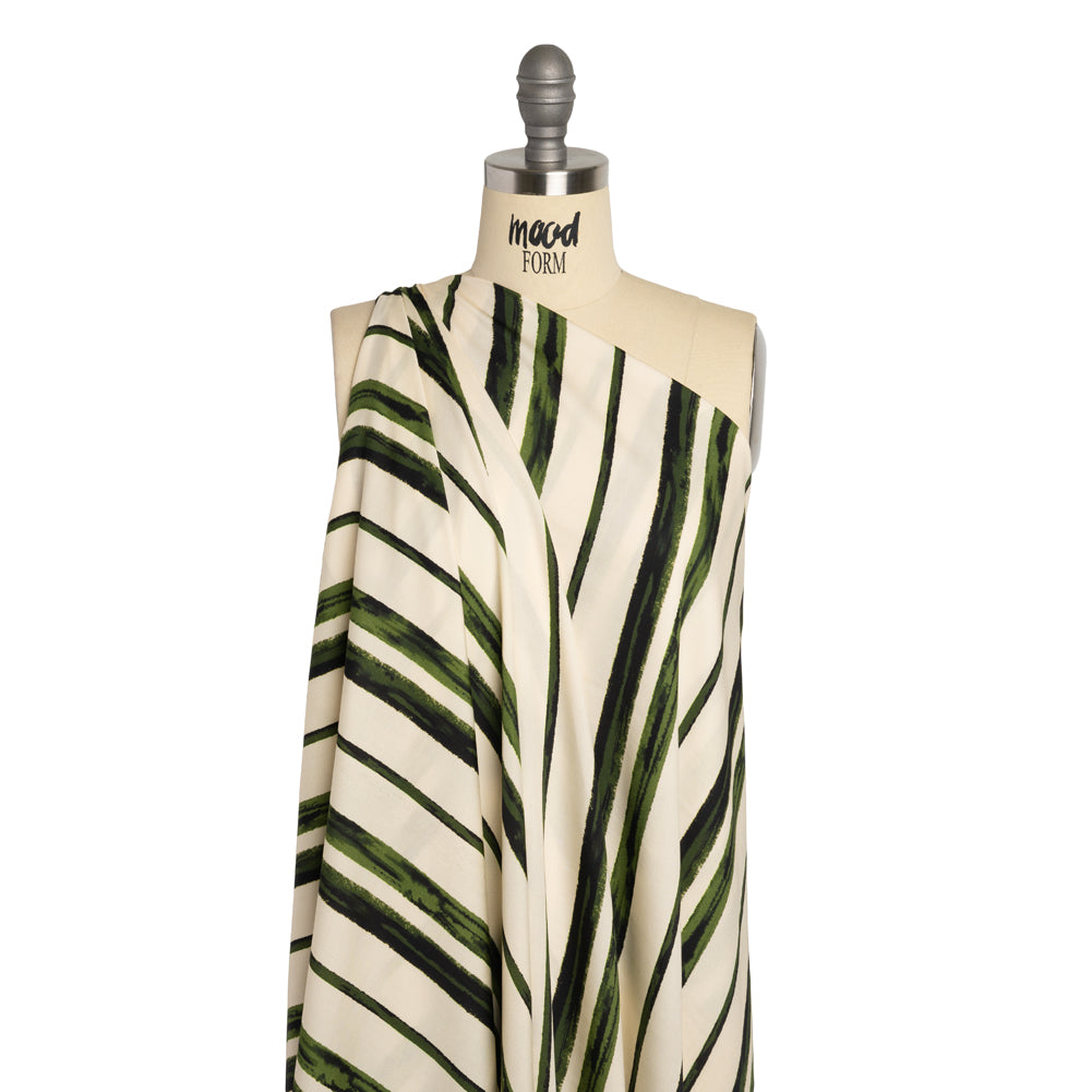 Rayon Challis - Cream and Green Painted Stripes - Verdant Trail Print - Mood Exclusive Acadia Collection - Joann Fabrics