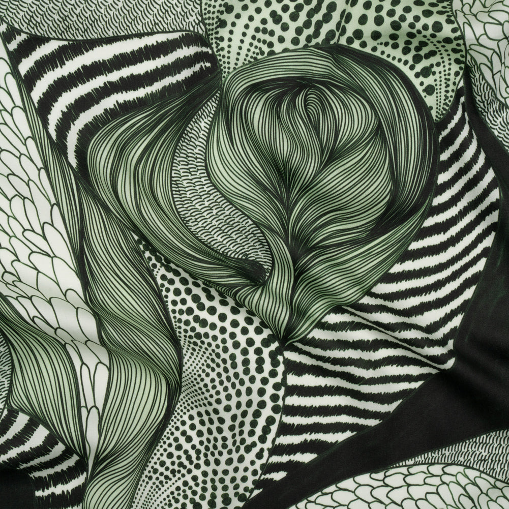 Rayon Challis - Dark Green and White Doodled Patterns - Forest Fantasy Print - Mood Exclusive Acadia Collection - Joann Fabrics