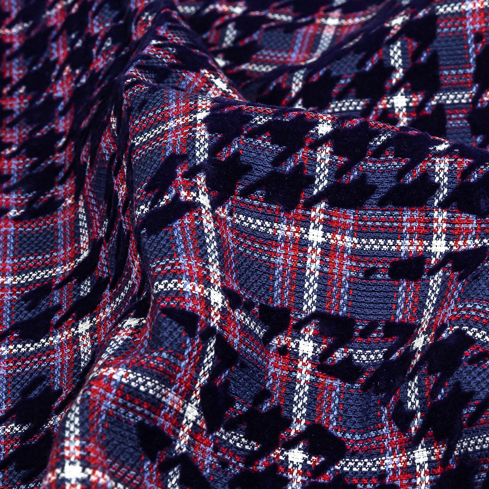 Navy, Red and Estate Blue Negative Space Florals in Flocked Houndstooth on Plaid Rustic Cotton and Polyester Woven - Joann Fabrics