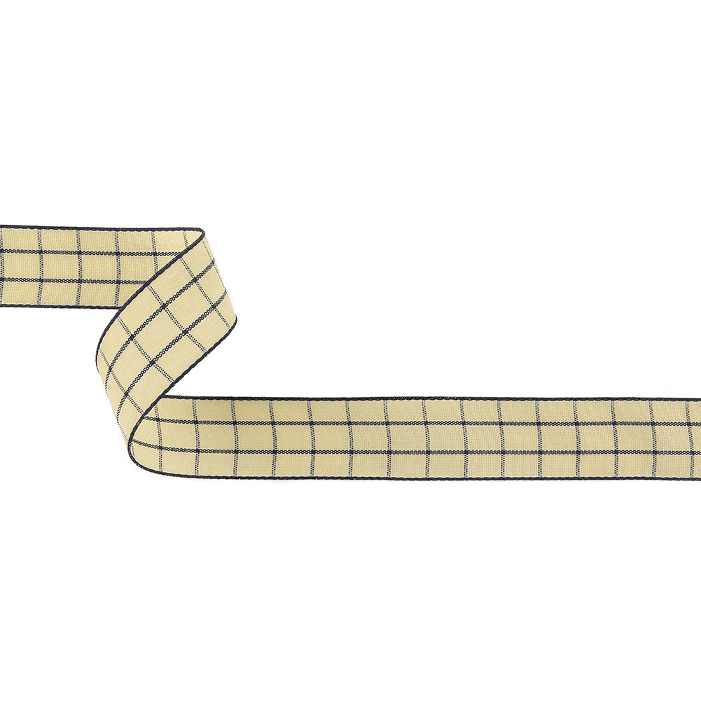 Navy and Ethereal Green Windowpane Check Woven Ribbon - 1