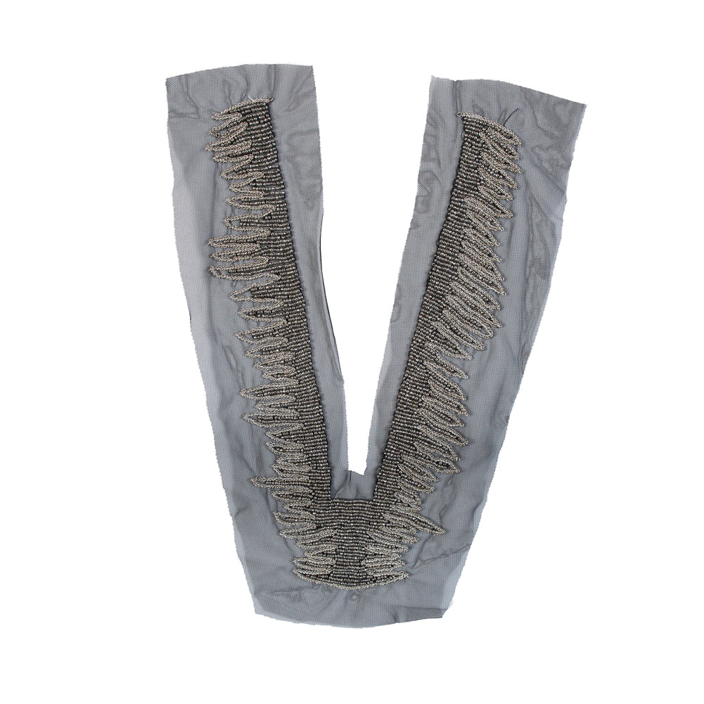 Italian Gunmetal Beaded Neckline Applique on Black Mesh - 13