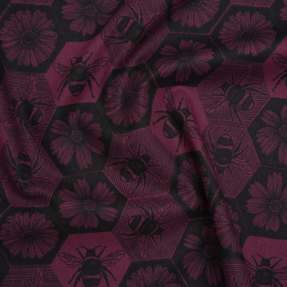 Printed Quilting Cotton by Anna Maria Textiles for Northcott - Mulberry Busy Bees and Floral Honeycomb - Indelible Ink Collection - Joann Fabrics