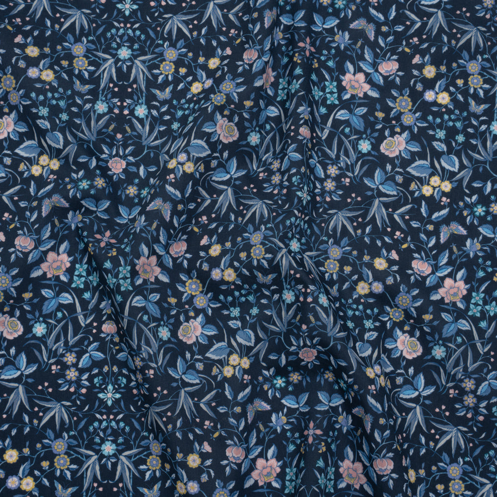 Liberty Fabrics Tana Lawn® - Tapestry Dark Blue - Navy, Sky Blue and Light Yellow Floral and Butterflies - Joann Fabrics