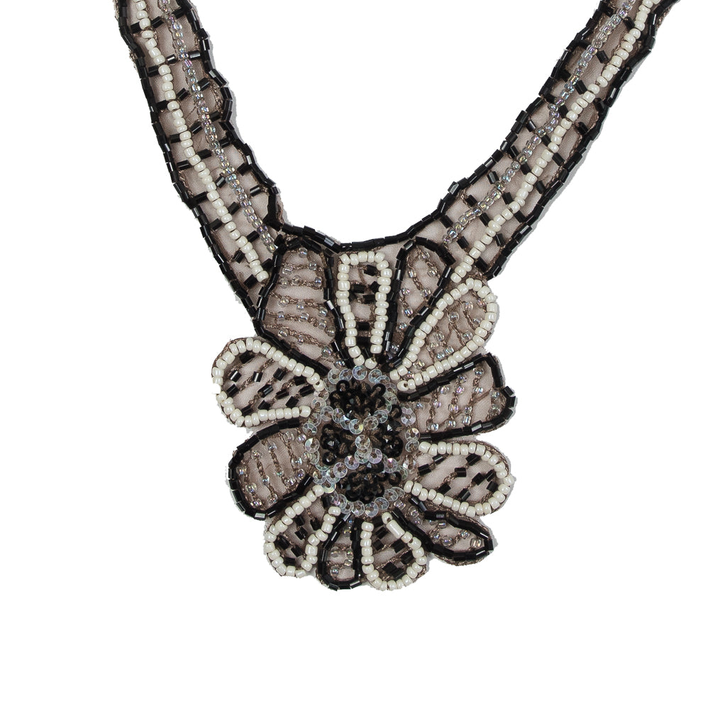 Taupe, Black and White Beaded Neckline Sew-On Applique - 10.25