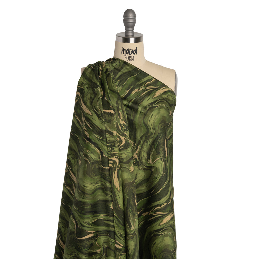 Stretch Cotton Sateen - Green and Beige Abstract Swirls - Painter’s Pond Print - Mood Exclusive Acadia Collection - Joann Fabrics