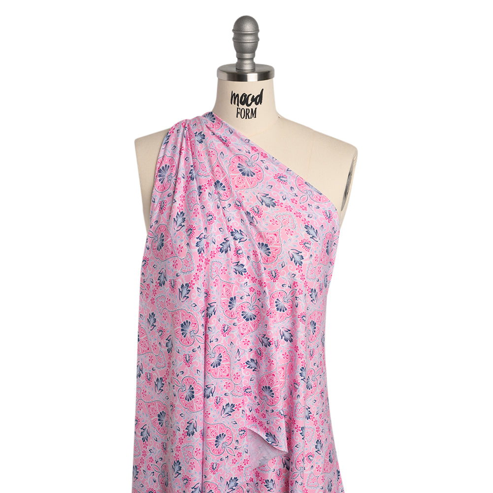 Stretch Rayon Jersey Print - Pink, Sky and Navy Jacobean Floral Damask - Deadstock - Joann Fabrics