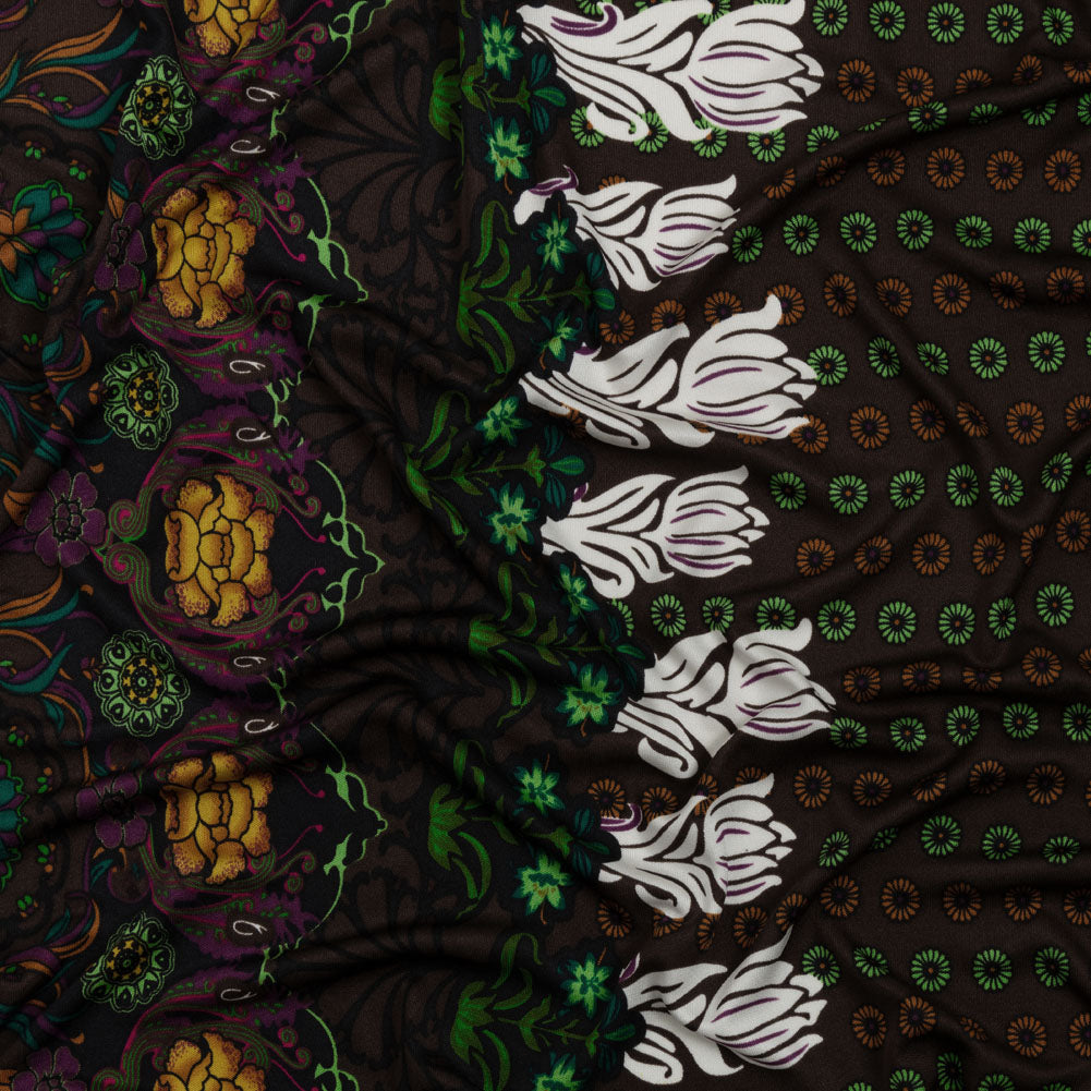 Brown, Green and Plum Waterlilies and Irises Border Silk Jersey - Joann Fabrics