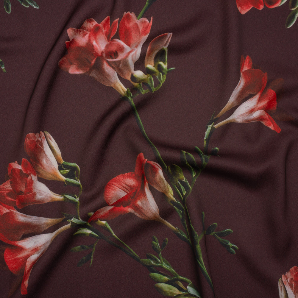 Polyester Crepe-Back Satin - Burgundy, Red and Green Floral - Mood Exclusive Amaryllis Affair Print - Joann Fabrics