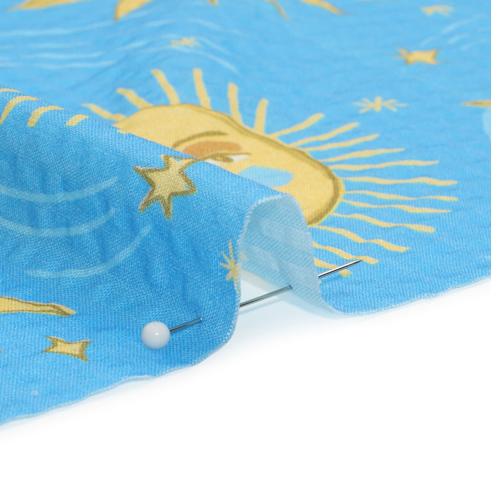 Cotton and Viscose Striped Seersucker Print - Sky Blue Suns and Moons - Mood Exclusive Friendly Faces - Joann Fabrics