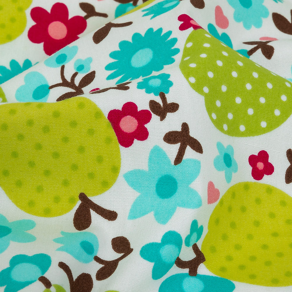 Green Glow Polka-Dotted Apples and Aqua Floral Printed Cotton Poplin - Joann Fabrics