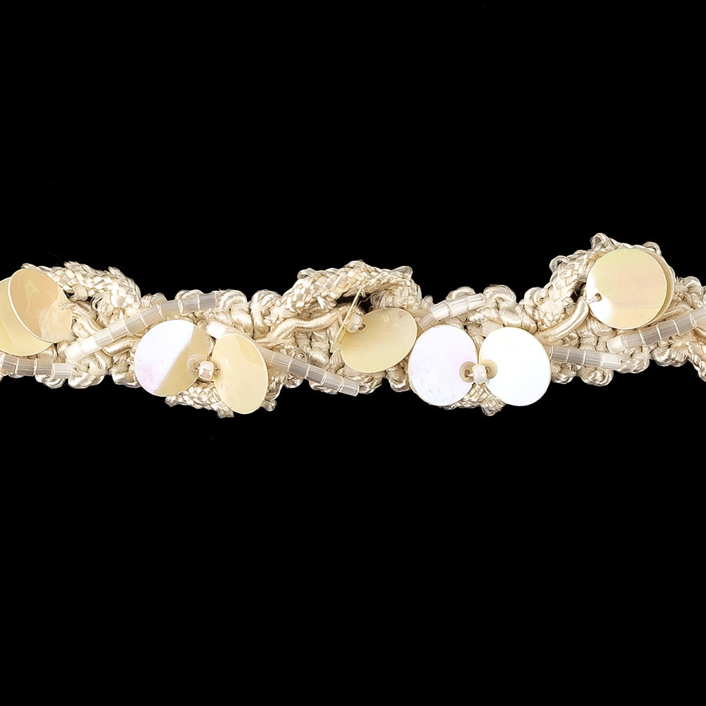 Vintage White Iris Paillette Sequins and White Satin Bugle Beaded Eggnog Trimming - 0.75