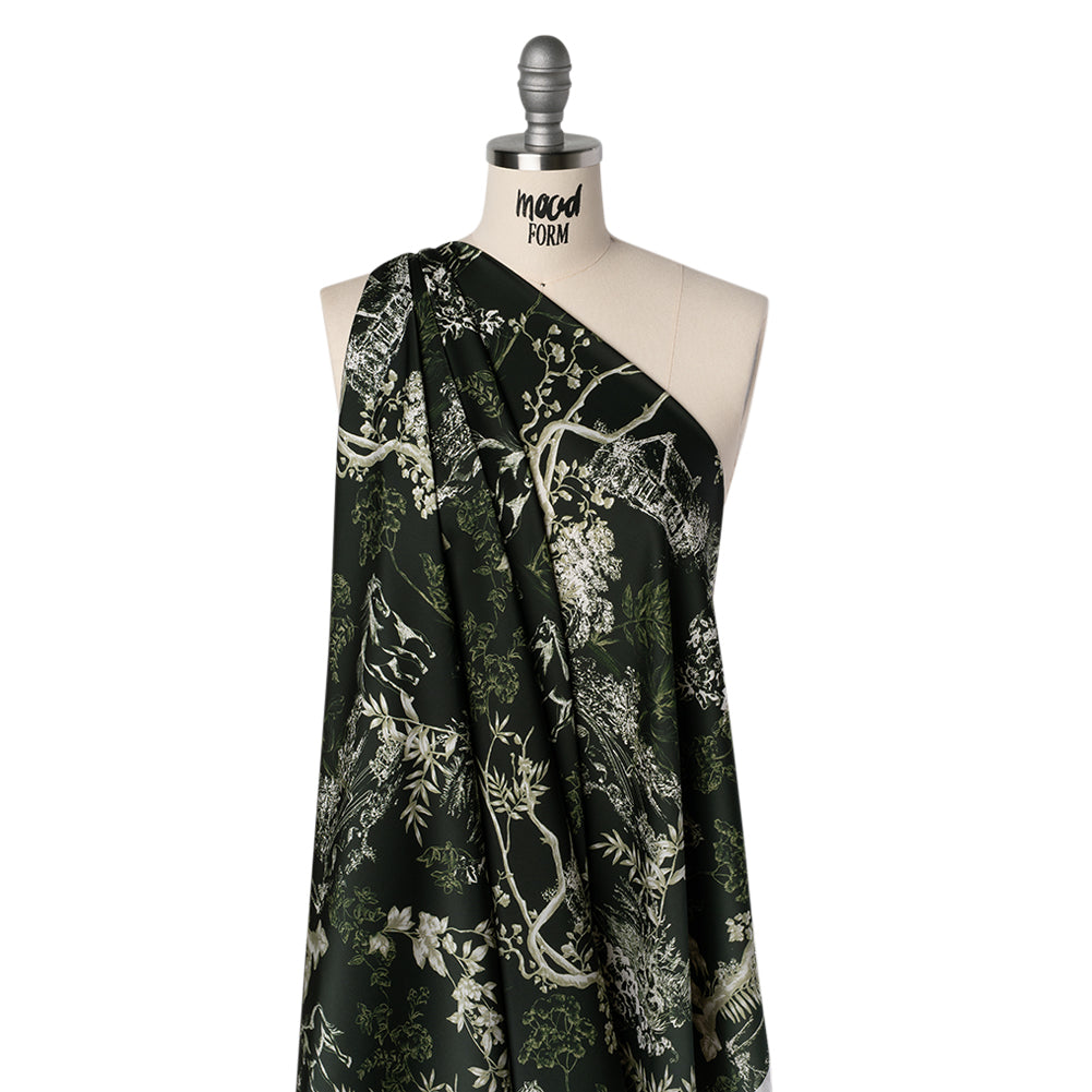 Polyester Satin - Dark Green and White Plants and Horses - Mood Exclusive Bridle and Branch Print - Joann Fabrics