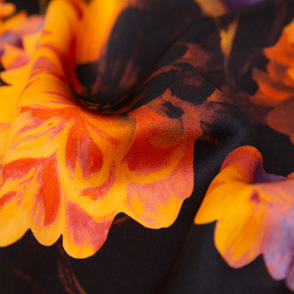 Mood Exclusive Italian Jaffa Orange, Moss and Grape Royale Painterly Floral Digitally Printed Silk Charmeuse - Joann Fabrics