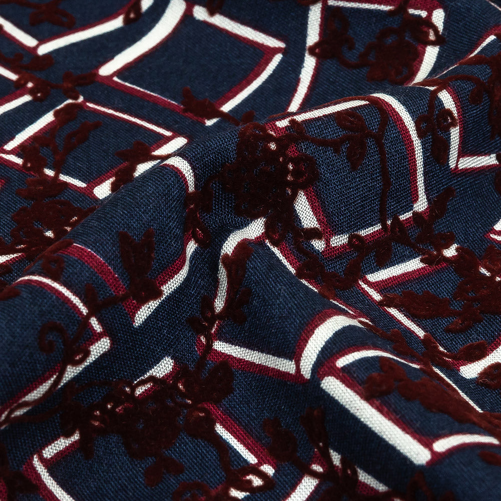 Burgundy, White and Navy Flocked Florals on Tossed Squares Printed Viscose Woven - Joann Fabrics