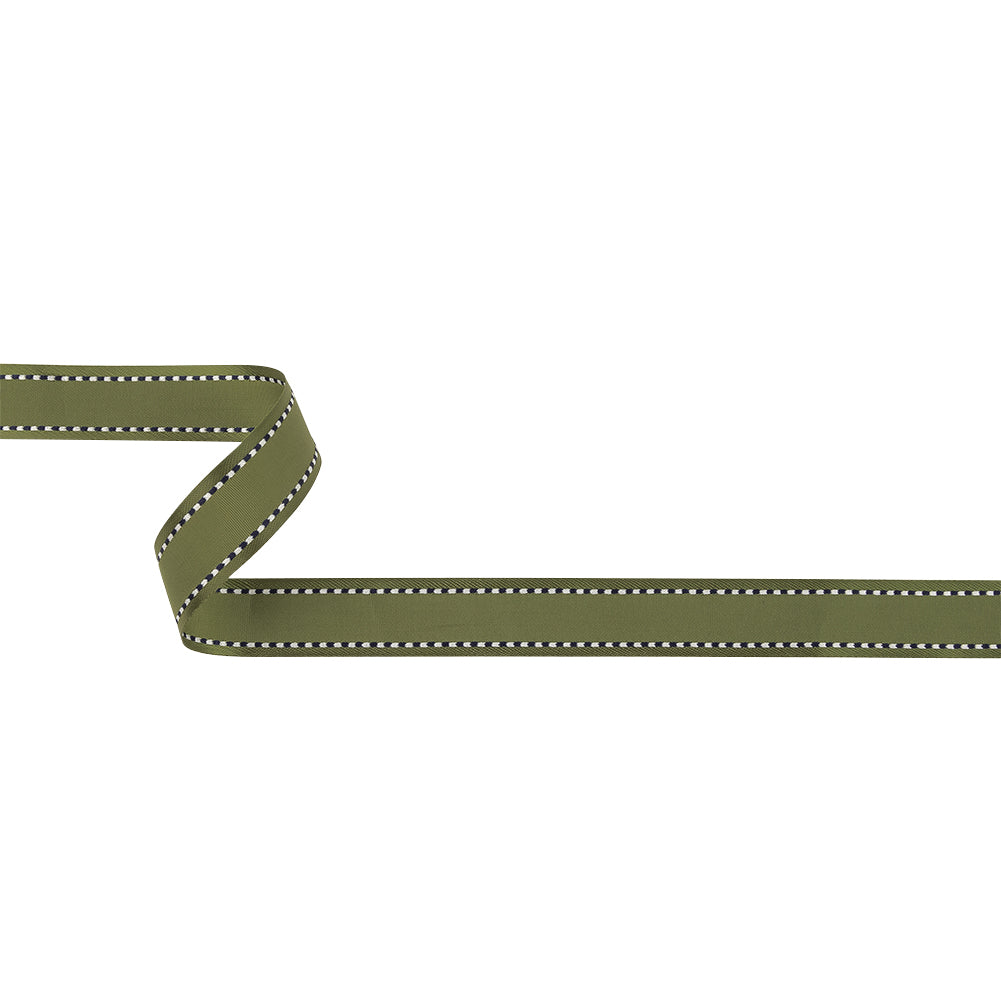 Sage Green Woven Ribbon with Navy and White Stitched Border - 0.625