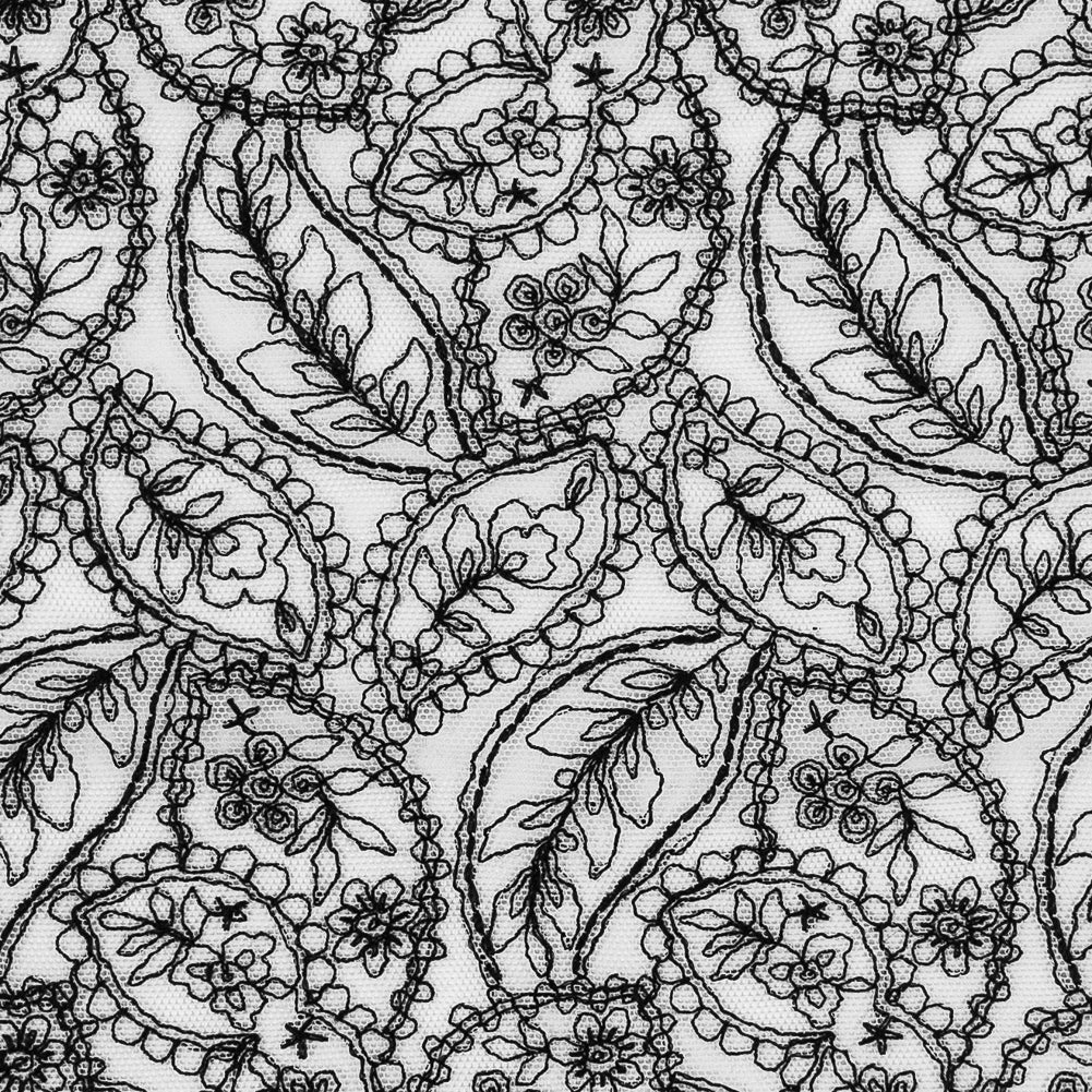 White Mesh Trim with Black Foliage Embroidery - 8