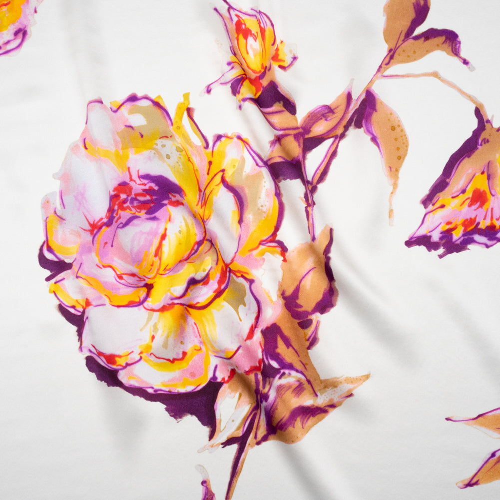 Silk Charmeuse Print 16MM, Made in Italy - Purple, Yellow and Beige Rose Garden Sketches on White - Joann Fabrics