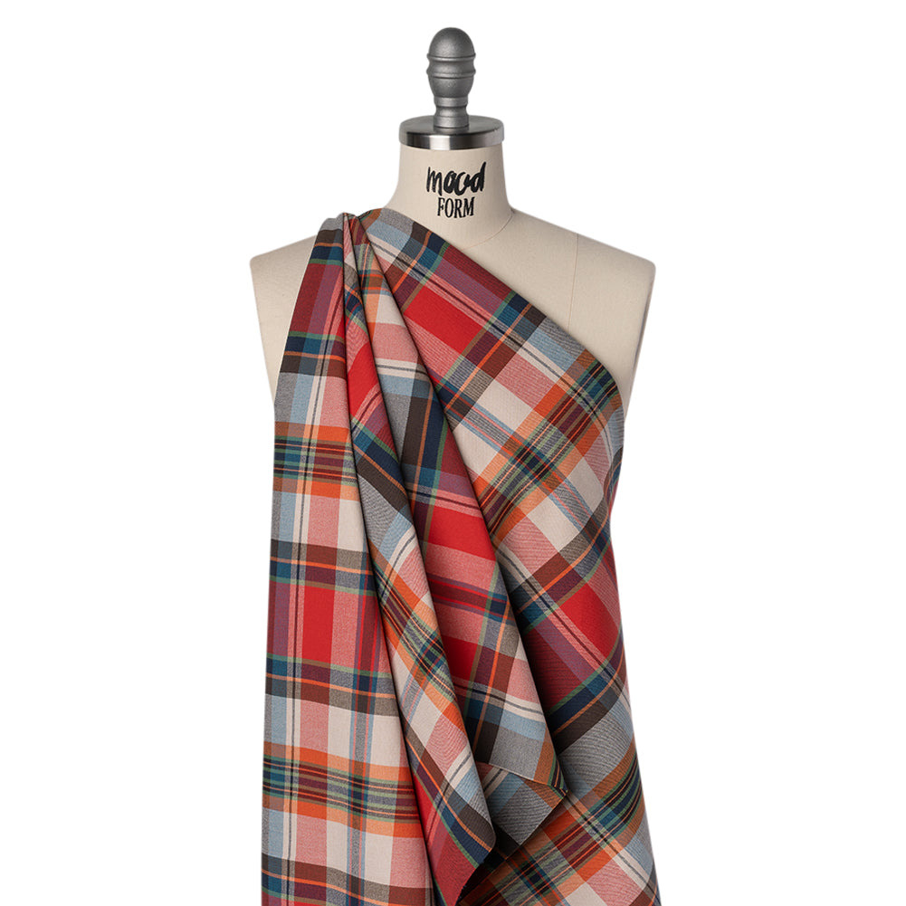 Super Stretchy Cotton Twill by Trina Turk - Red, Blue and Orange Plaid - Designer Deadstock - Joann Fabrics