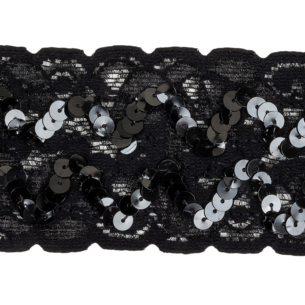 Black Sequined Zig Zags on Classical Lace Trim - 2.375