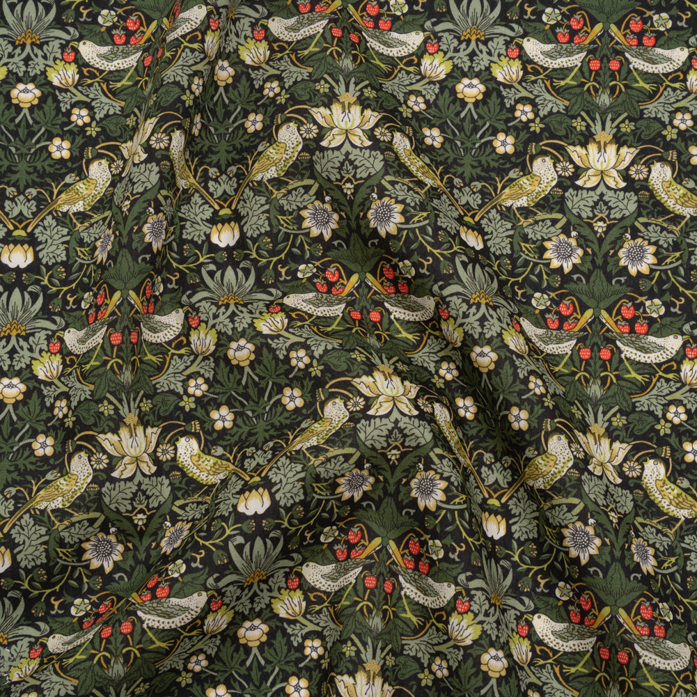 Liberty Fabrics Tana Lawn® - Strawberry Thief Dark Green - Forest Green, Yellow Ochre and Red Birds, Berries and Flowers - Joann Fabrics