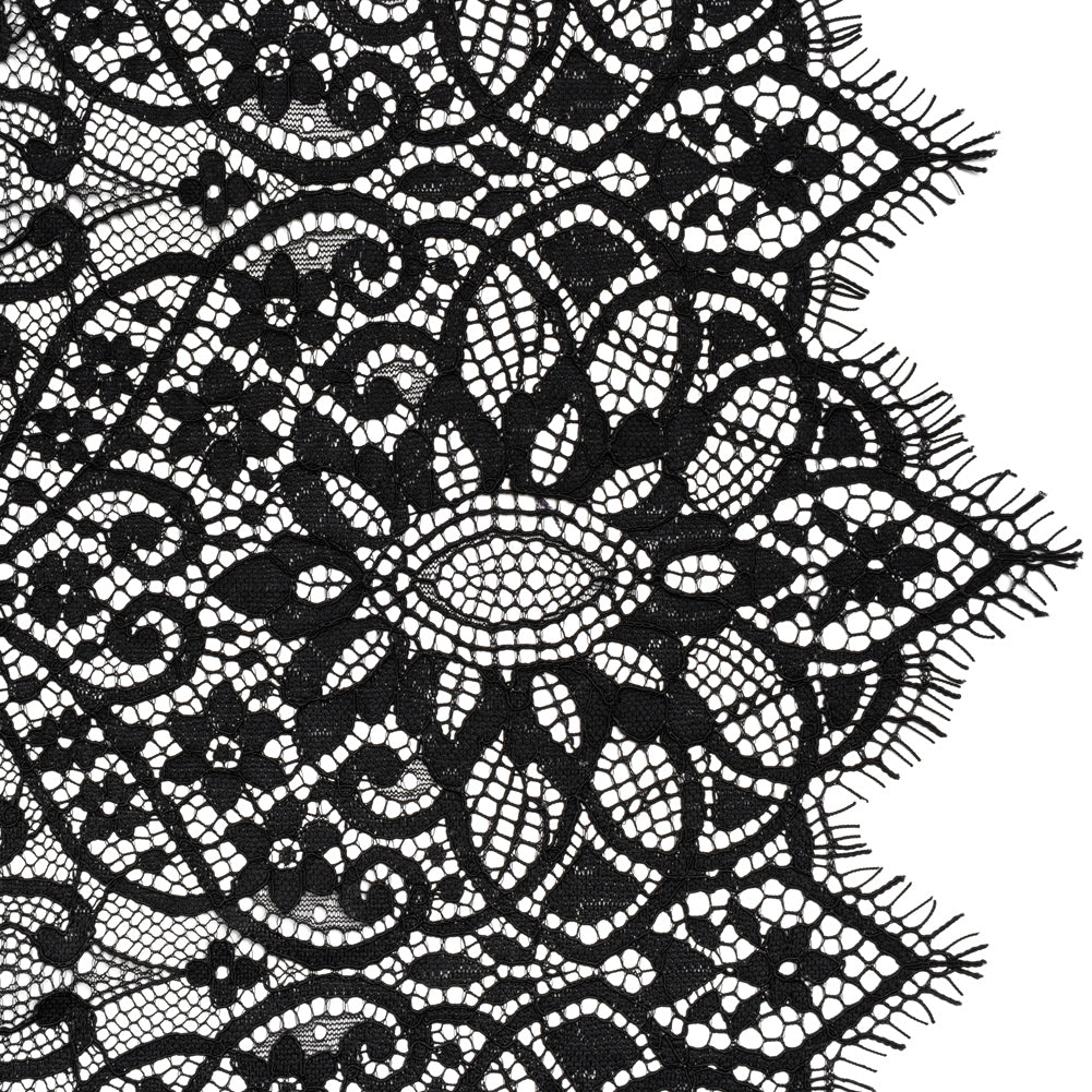 Corded Lace Panel with Finished Eyelash Fringe Edges - Black Floral Flows - Joann Fabrics