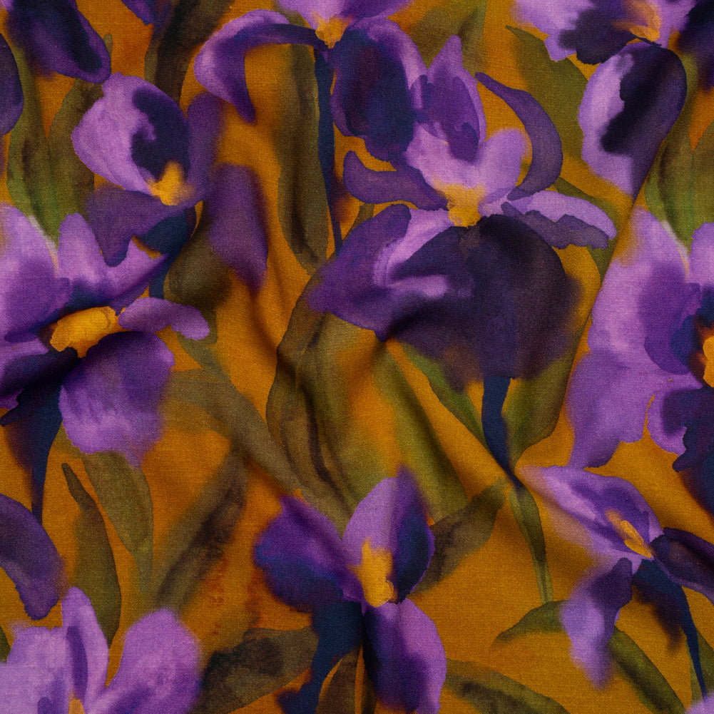 Viscose Crepe - Purple, Olive and Mustard Painted Iris Flowers - Mood Exclusive Sunset Sensations Print - Joann Fabrics