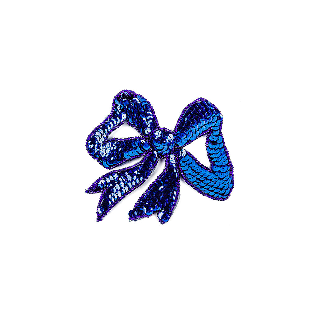 Vintage Royal Blue Sequins Bow Applique with Beaded Outline - 4.375