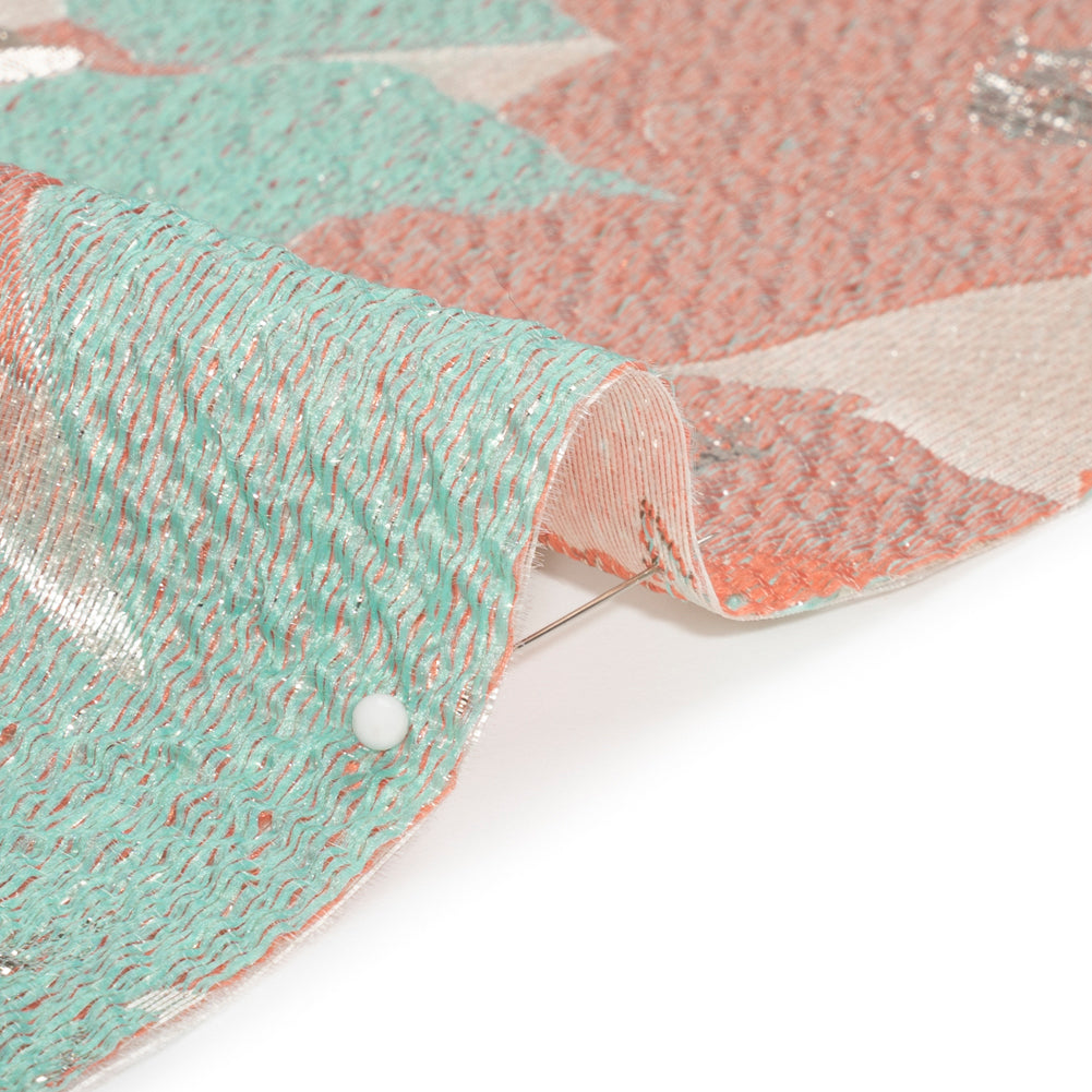 Metallic Silver, Coral and Turquoise Floating Blossoms Luxury Brocade - Joann Fabrics