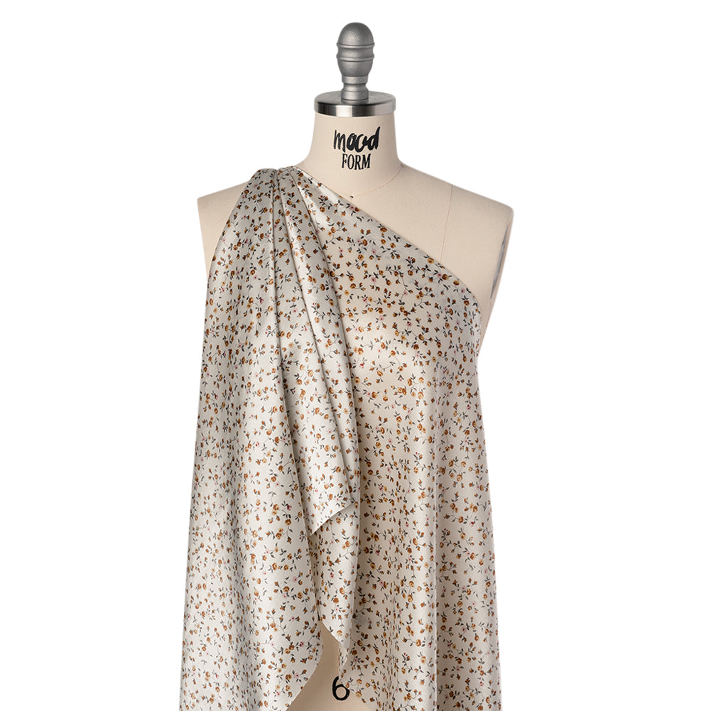 Charmeuse-Backed Silk Print Made in Italy - Ivory, Burnt Orange and Pink Little Flower Vines - Deadstock - Joann Fabrics