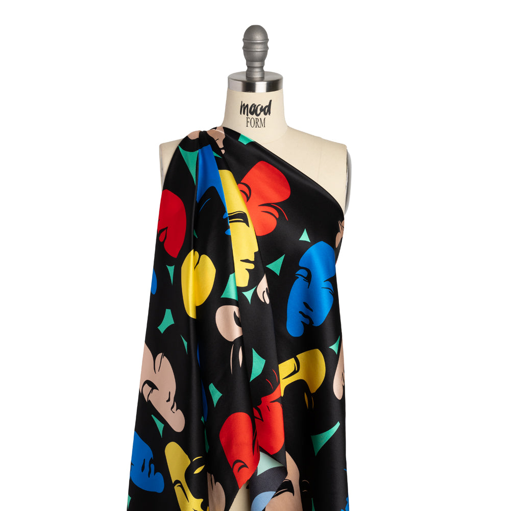 Silk Charmeuse Print - Black, Beige, and Primary Color Faces - Made in Italy - Joann Fabrics