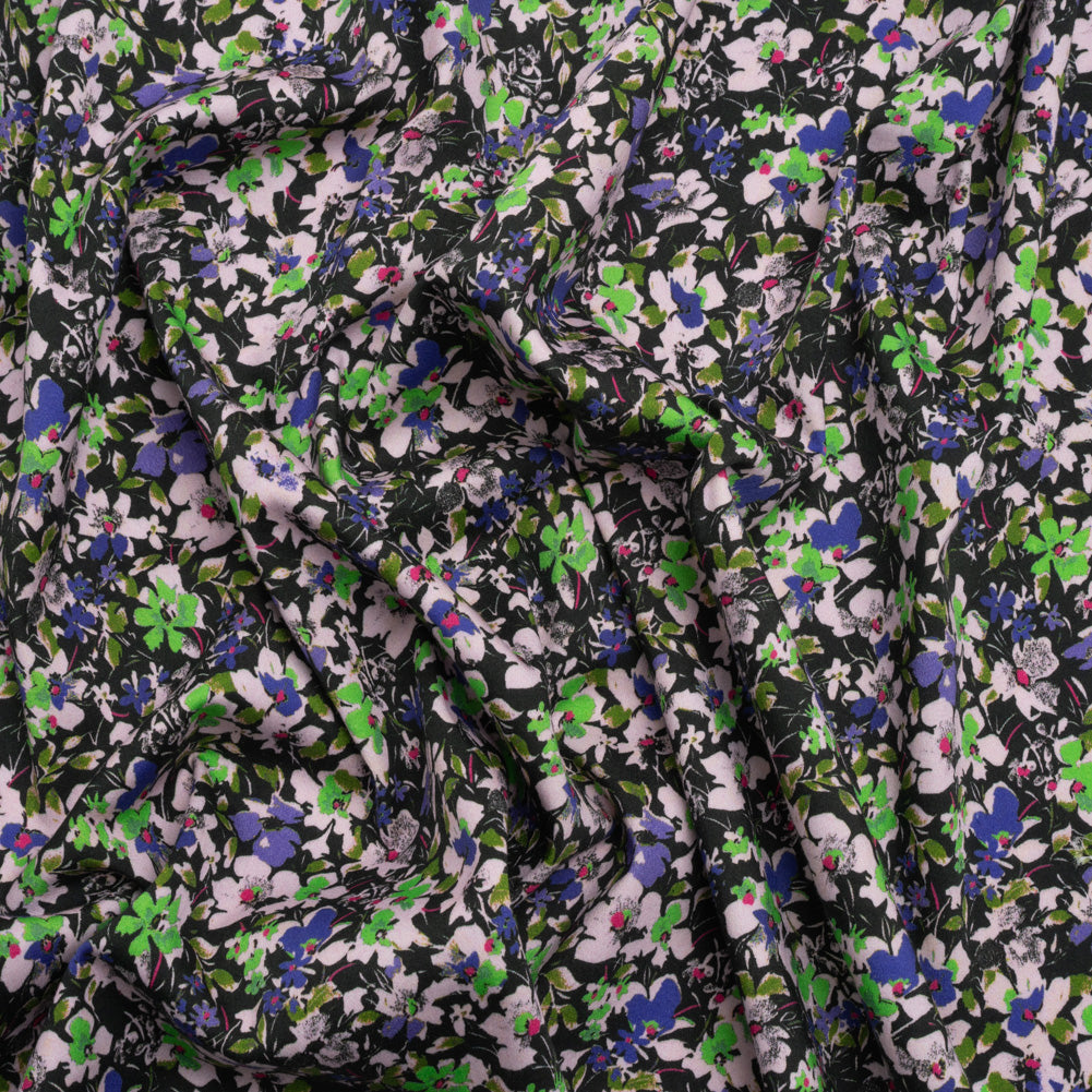 Stretch Cotton and Viscose Sateen Print - Indigo, Lime and Black Floral - Mood Exclusive Meandering at Midnight - Joann Fabrics