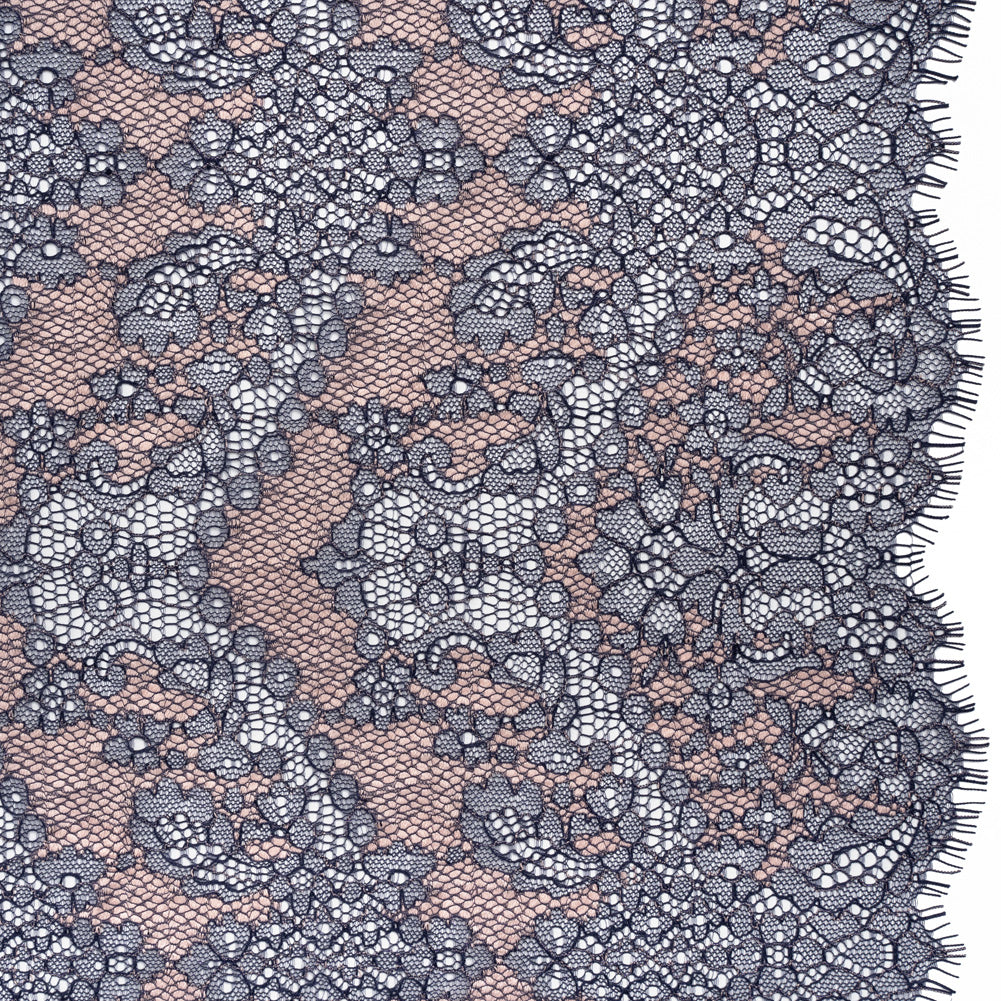 Raschel Lace Panel with Finished Edges - Navy and Baby Pink Ornate Leafy Chevrons - Joann Fabrics
